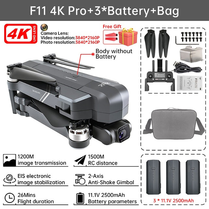SJRC F11S/F11 4K PRO RC Drone GPS 5G WIFI 3KM Repeater 4K HD Camera 2-Axis Electronic Stabilization Gimbal Brushless Foldable Quadcopter